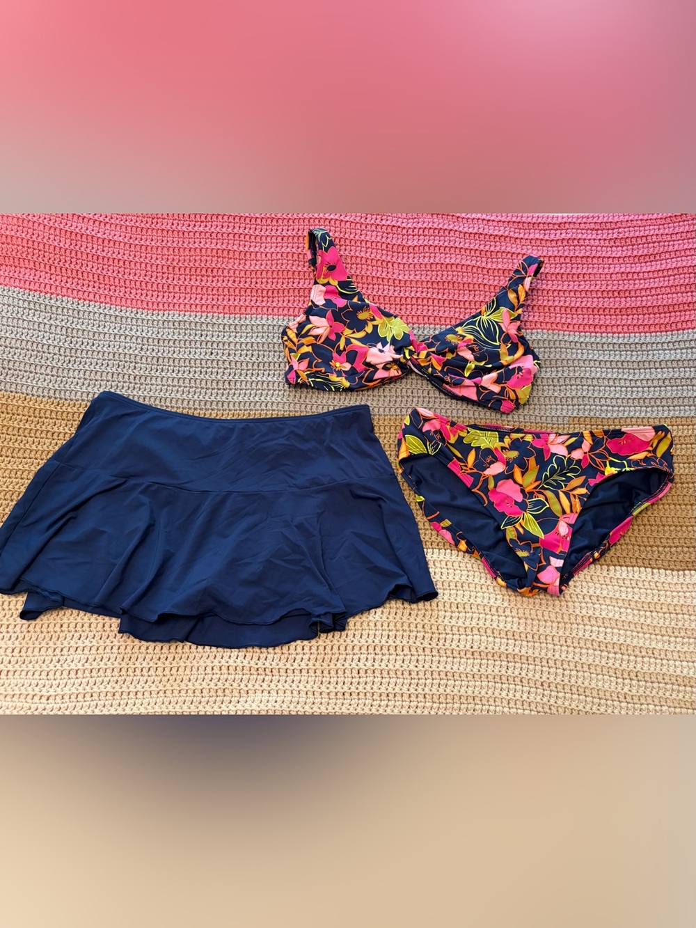 Lands' End Navy and Floral Swimsuit Separates Top With Two Mix Match Botttoms